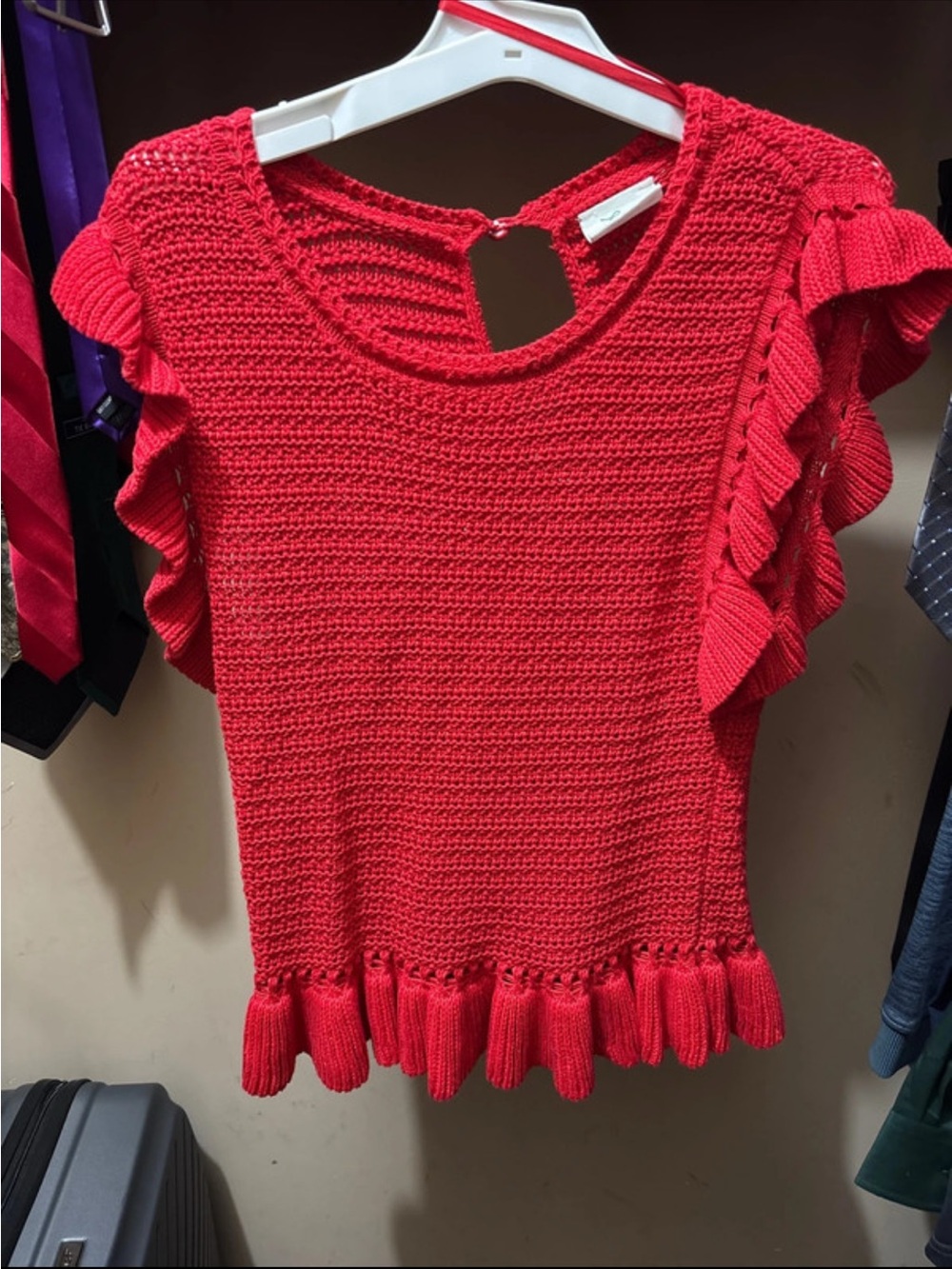 New Mix Ruffle Sleeve Knit Top in Red